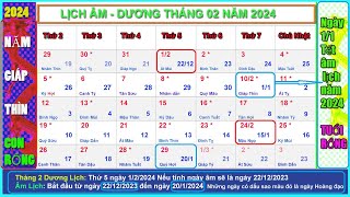 Lịch âm dương tháng 2 năm 2024 - Lịch vạn niên tháng 2/2024, Năm Giáp Thìn