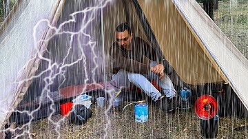 Cozy SOLO CAMPING in Heavy Rain and Thunder  Adventures Struggling to Build a Shelter ASMR