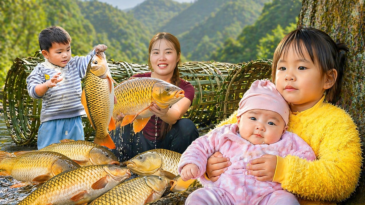 Patiently Trapping Fish in Large Stream | Duong and the Kids Bring Home ...