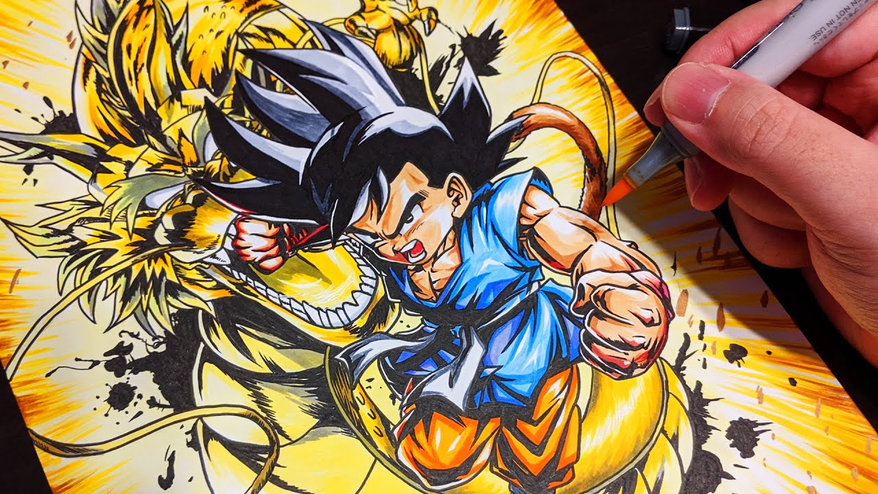 ドラゴンボール 超サイヤ人4 孫悟空 描いてみた 墨絵色紙風 絵 Drawing Goku Youtube