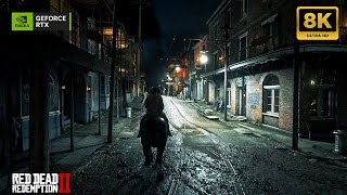 [8K] CALMLY RIDING HORSE in Thunderstorm at Night in Red Dead Redemption 2 - Saint Denis RTX 4090