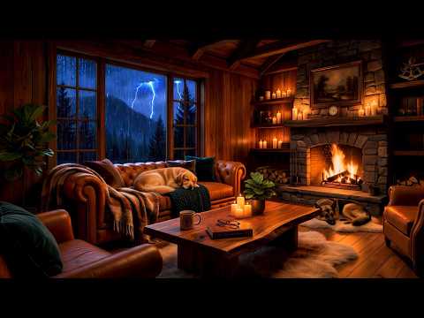 Heavy Rain & Thunderstorm 🌧️ Cozy Fireplace and Sleeping Pets for Deep Sleep 🐾🔥