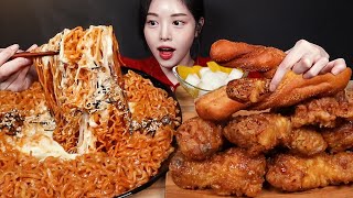 SUB)치즈 불닭볶음면에 단짠바삭 허니콤보 치킨 먹방! 교촌 순살 콘치즈 꽈배기까지 꿀조합 리얼사운드 Chicken & Buldak Noodles Mukbang Asmr