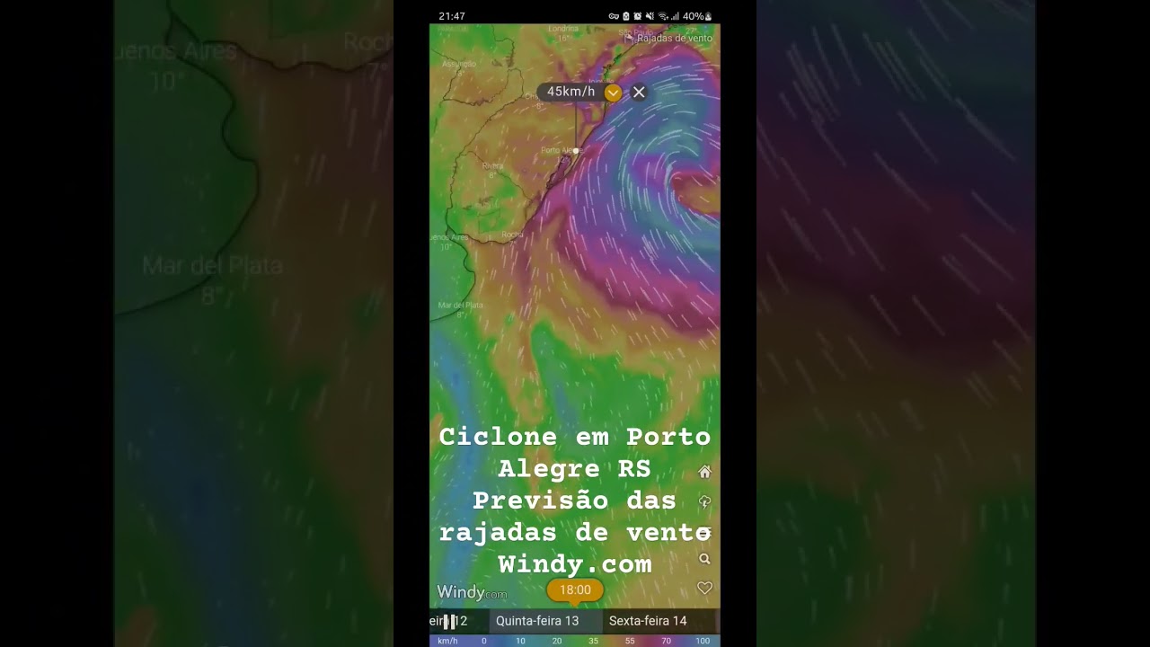 Previsão das rajadas de vento do ciclone que deve chegar ao Sul do Br, segundo app windy