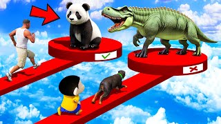 SHINCHAN AND FRANKLIN TRIED THE PANDA VS DINOSAUR RIGHT WRONG PATH PARKOUR CHALLENGE GTA 5