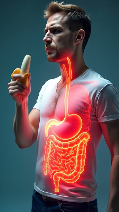 A realistic 3D medical animation-style image of a man eating a banana,