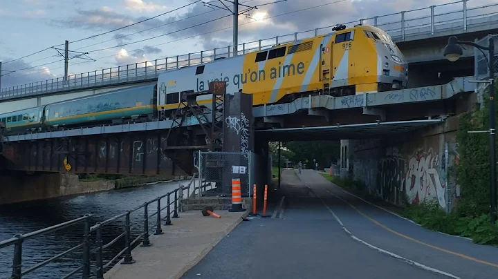 TRAINS VIA Rail P42DC and Renaissance Coaches Back Up Over Lachine Canal in Griffentown