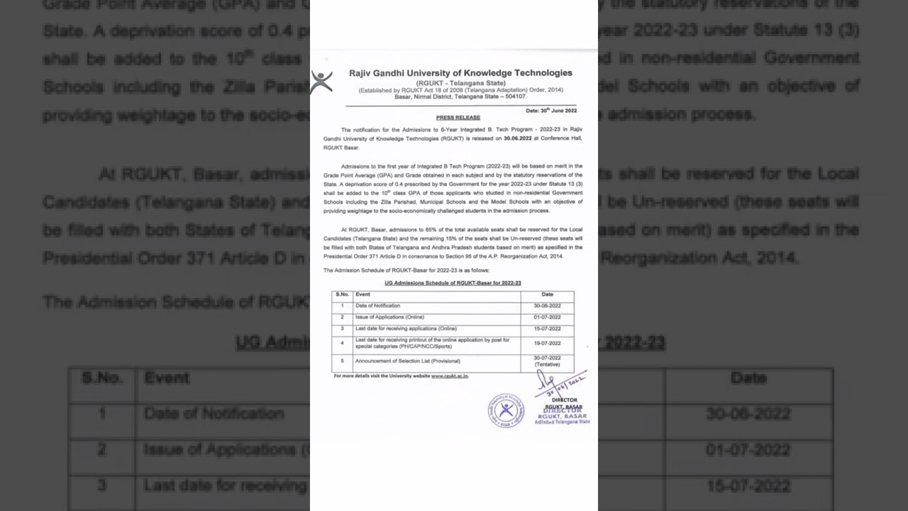 iiit basara admissions 2022-23 | liitasara notification 2022-23 | open dates and details