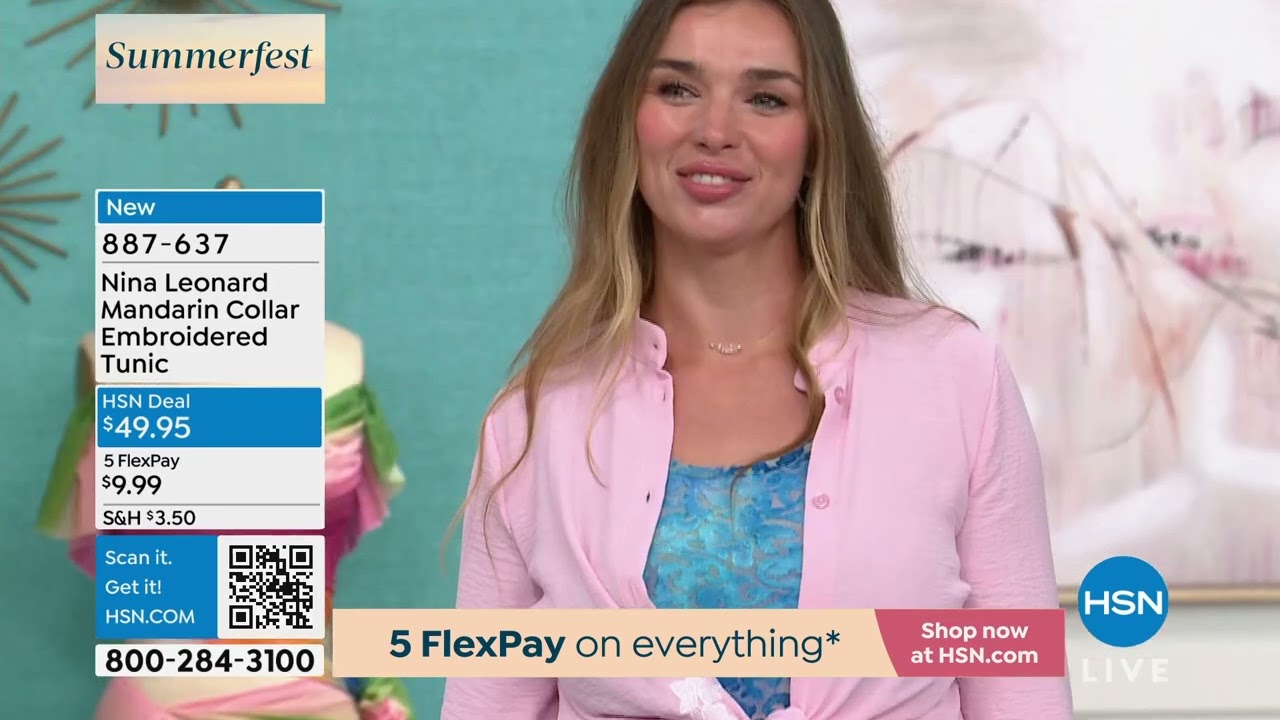 Nina Leonard Mandarin Collar Embroidered Tunic