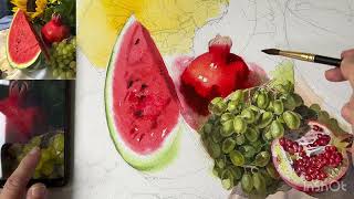 картинка: Рисуем арбузную дольку и гранат акварелью