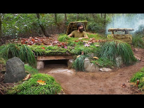 Building permanent hidden stone shelter to survive | Bushcraft & Stonecraft secret access tunnel