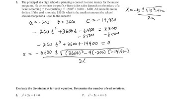 Algebra 2 Section 4.8 Quadratic Formula Homework