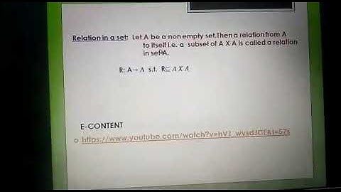 This video contains relation in a set, void relation, universal relation, identity relation.