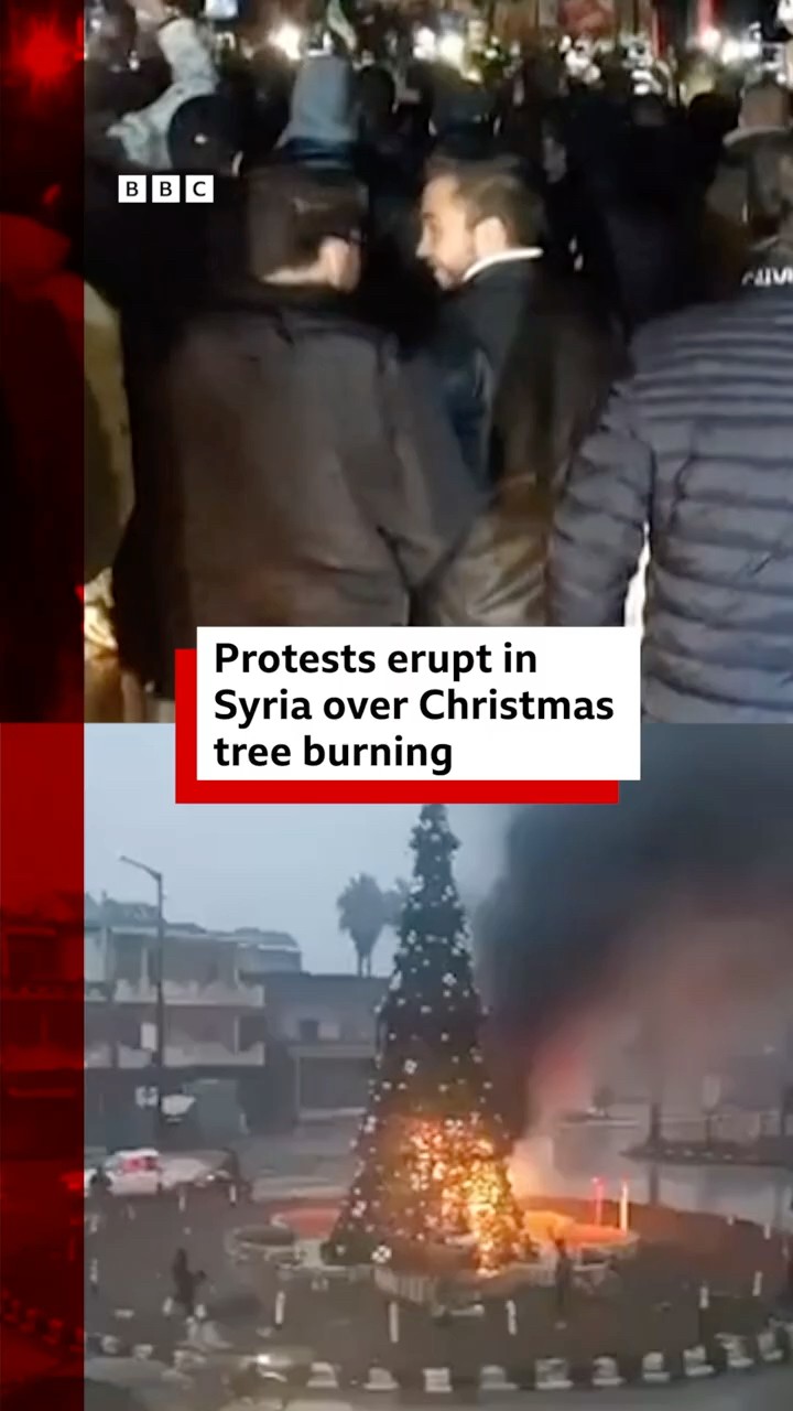 Protests in Syria over Christmas tree burning. #Syria #BBCNews