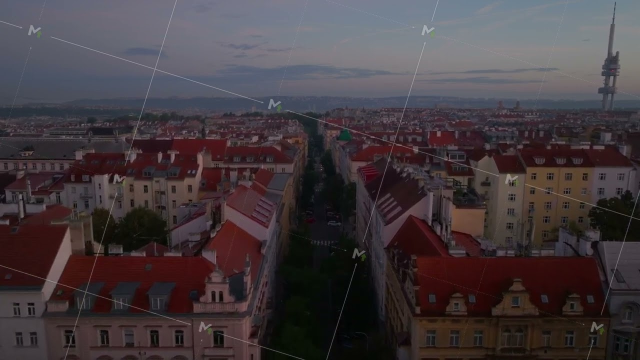 Aerial views capture Prague's stunning skyline at sunset, highlighting the iconic Zizkov Television