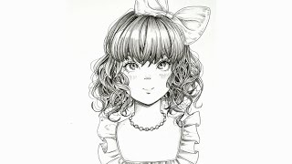 How to draw cute anime girl with wavy hair by pencil♡speed painting♡