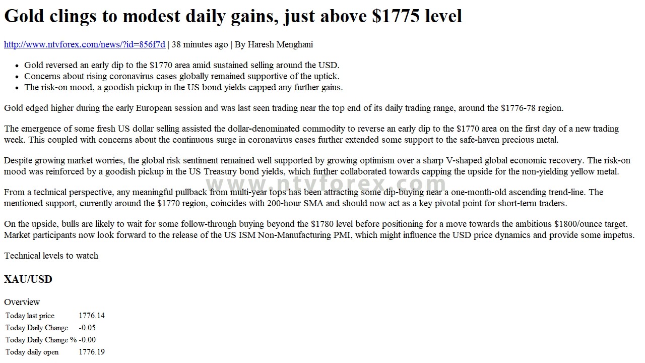 Forex News - NTVforex Gold clings to modest daily gains, just above ...