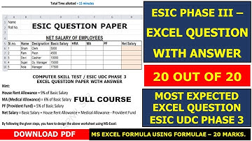 ESIC UDC PHASE 3 COMPUTER SKILL TEST EXCEL QUESTION PAPER SOLUTION IN HINDI ESIC UDC EXCEL QUESTION