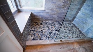 We Took out Tub and Made HUGE WALK IN SHOWER --- Heated Tile Floors, Quartz Bench, and Linear Drain