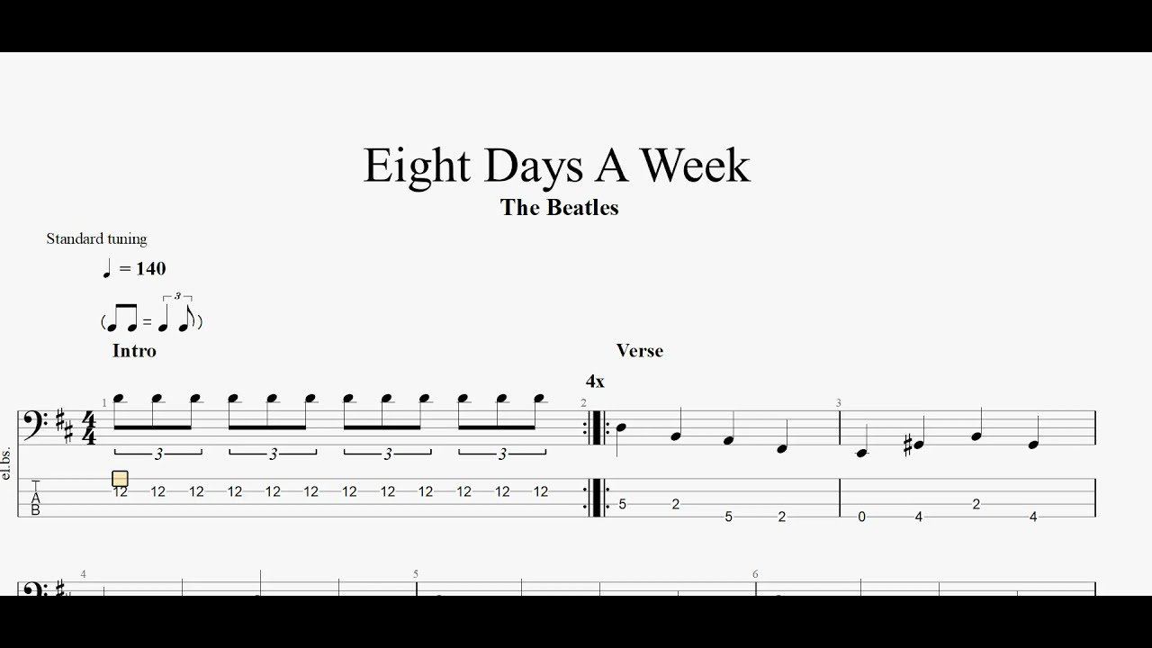 The Beatles Eight Days A Week (bass tab) YouTube The Beatles Eight Days A Week (bass tab) YouTube