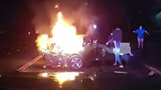 Man Pulled Through Window of Car Engulfed in Flames