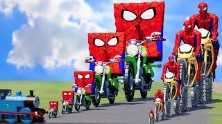 Big \& Small: SpongeBob as Spiderman vs Spiderman on a motorcycle with Saw Wheels vs Train | BeamNG
