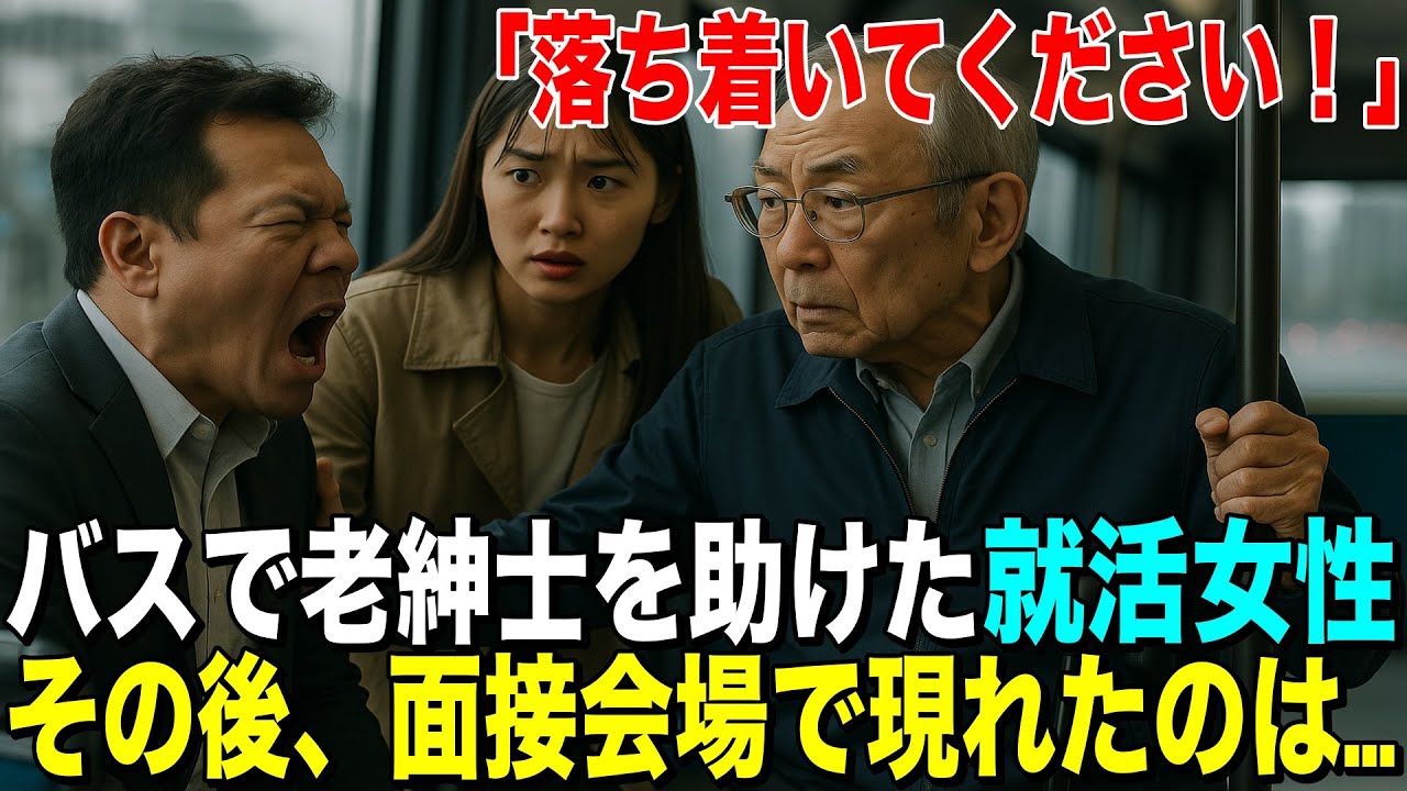 バスで若い男性から詰め寄られているおじいさんを助けた就活女性。その後、面接に行くとそこに現れたのは…。