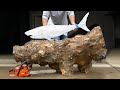 Carving a log into a 4 shark that swims