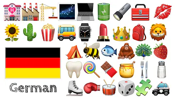 Learn 400 words - German with Emoji -  🌻🌵🍿🚌⌚️💄👑🎒🦁🌹🥕⚽🧸🎁