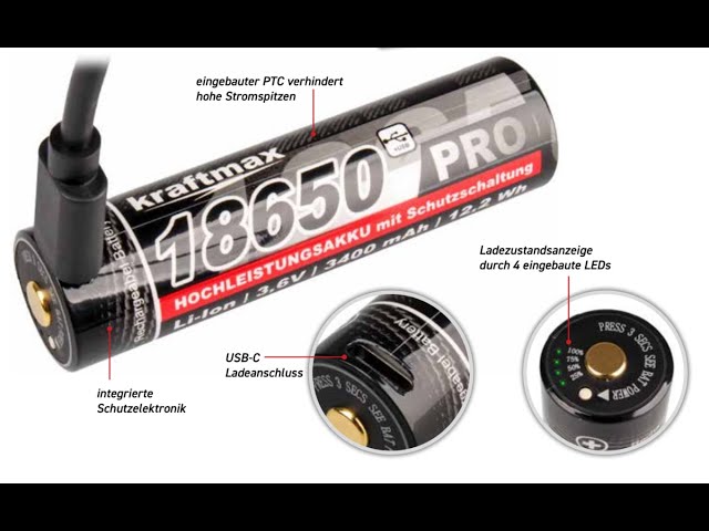 kraftmax Pro USB Pile rechargeable spéciale 18650 Li-Ion 3.6 V 3400 mAh