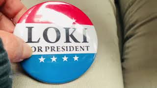 Loki For President Button, Pin as seen on Worn by Tom Hiddleston on the Television Series, “Loki”.