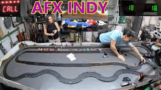 AFX Mega G+ INDY HO slot car Racing it was a close one!