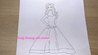 Barbie Doll in long frock dress Drawing easy Step by step /Pencil sketch Drawing tutorial