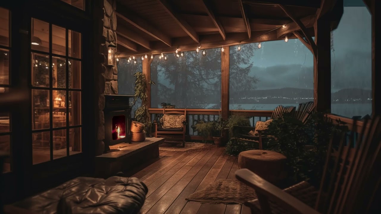 Cozy Balcony  With the Sound of Heavy Rain and Crackling Fire  10 Hours