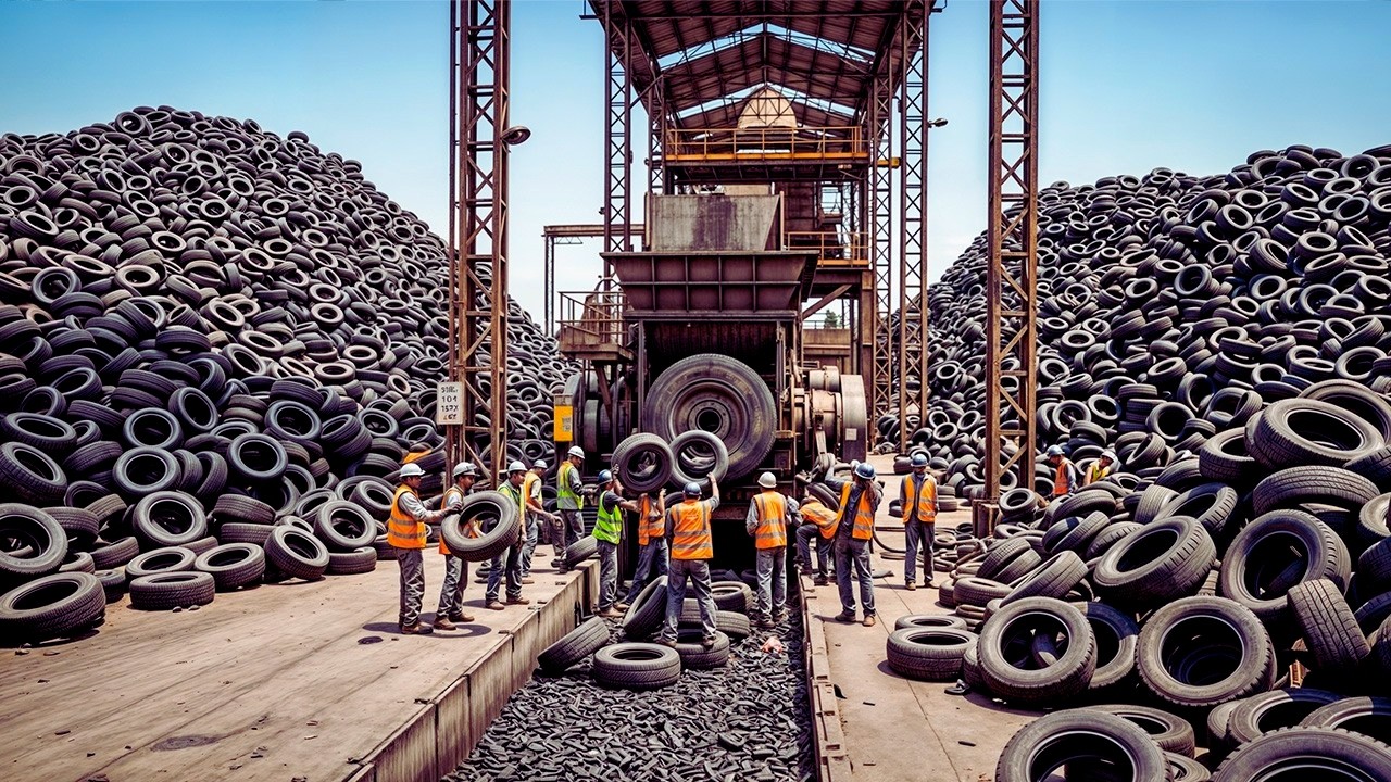 داخل مصنع إعادة التدوير  كيف تتحول ملايين إطارات السيارات القديمة إلى طوب مطاطي