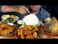 desi food-rohu fish head.rohu fish jhal,chicken masala and rice eating bengali food mukbang show