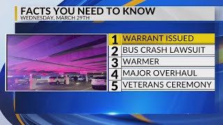 KRQE Newsfeed: Warrant Issued, Bus crash lawsuit, Warmer weather, Major overhaul, Veterans ceremony