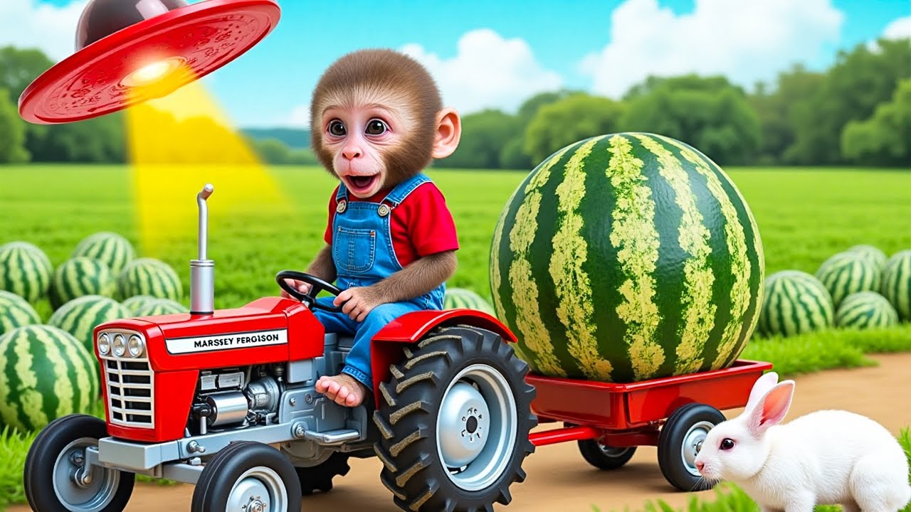 Monkey BoBo and the alien UFO trying to steal the giant watermelon- BoBo Monkey Life