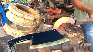 : bahan bilah dari per spiral !! full proses menempa dan membuat gagang pisau dari tanduk kerbau