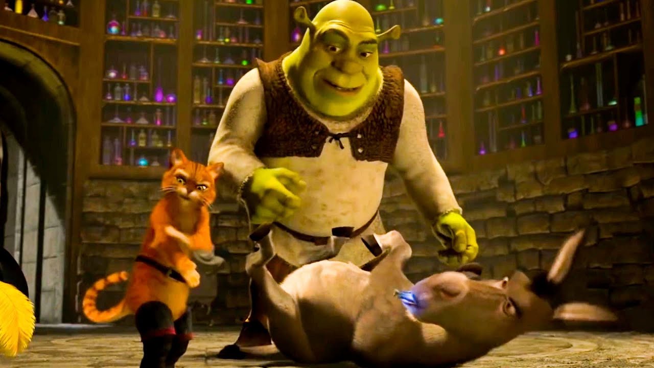 Film Still from Shrek 2 Shrek, Puss In Boots, Donkey © 2004