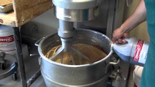 Making maple icing for donuts using a Hobart H-600 T commercial mixer