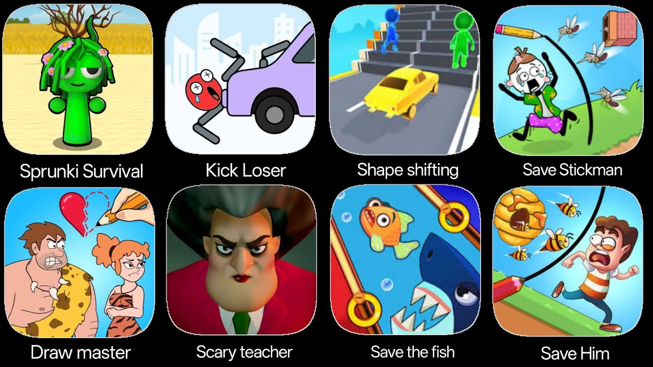 Sprunki Survival,kick Loser,Shape shifting,Save him,Save Fish,Draw ...
