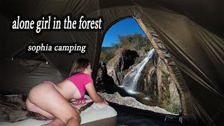 SOLO GIRL CAMPING in the forest - RELAXING in the waterfalls , cooking , swimming , overnight ALONE