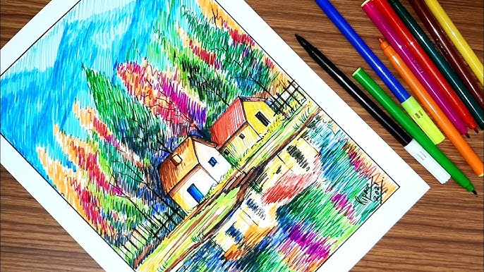 Beautiful Scenery Drawing With Sketch Pen For Beginners, Colouring Sketch  Pen Drawing Tutorial