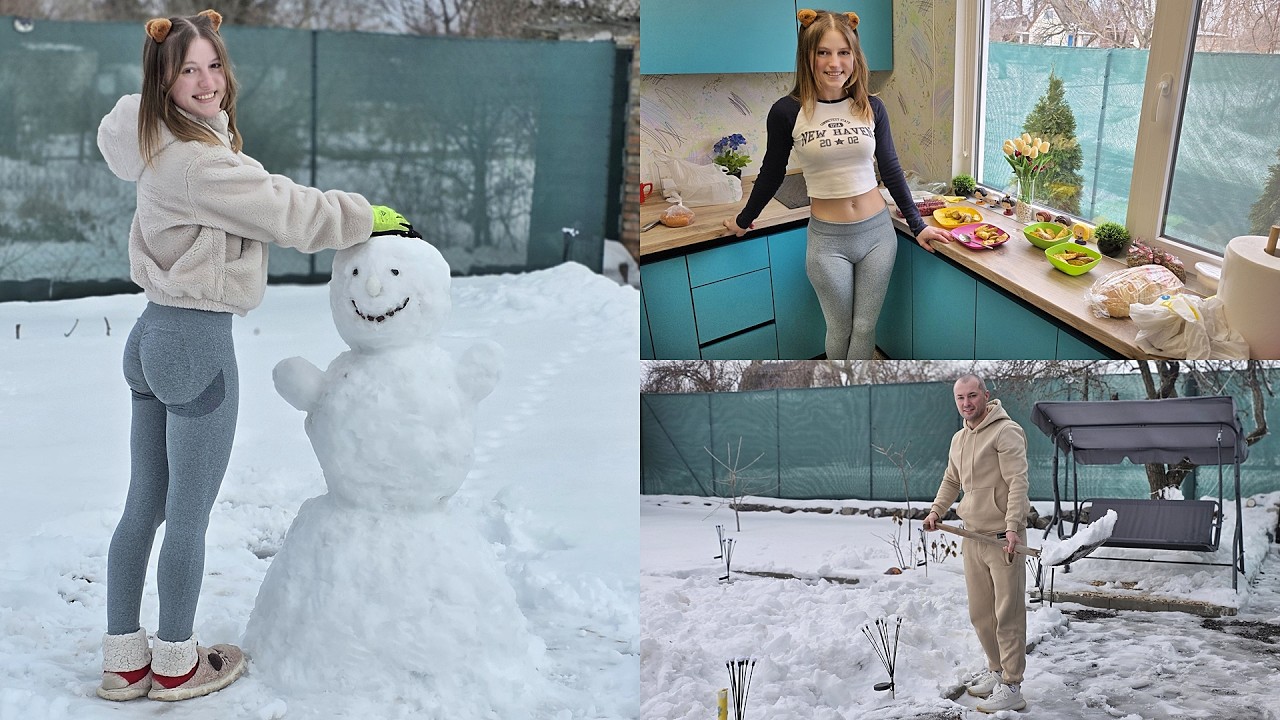Таня слепила снеговика на даче