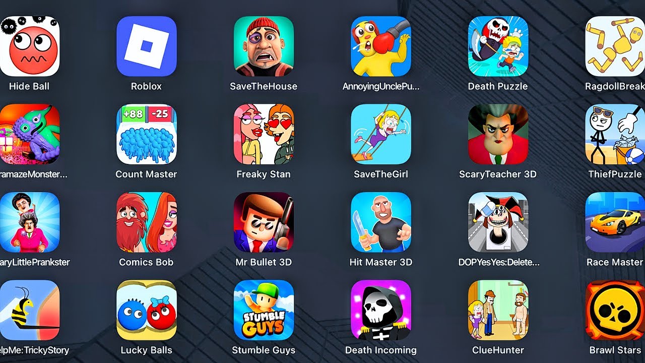 Grimace Monster Scary Survival, Stumble Guys, Comics Bob, Lucky Balls, SaveTheGirl, Thief Puzzle