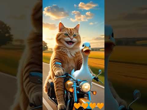 قطة سايقة عجلة والبط ة راكبة قدامها لطيف اقطة بطه عجلة ريلز مضحك حيوانات قطط بط ضحك 