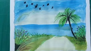 Seascapes  painting Tropical Beach  painting.. jol rong diye art ??? drawing  step by step