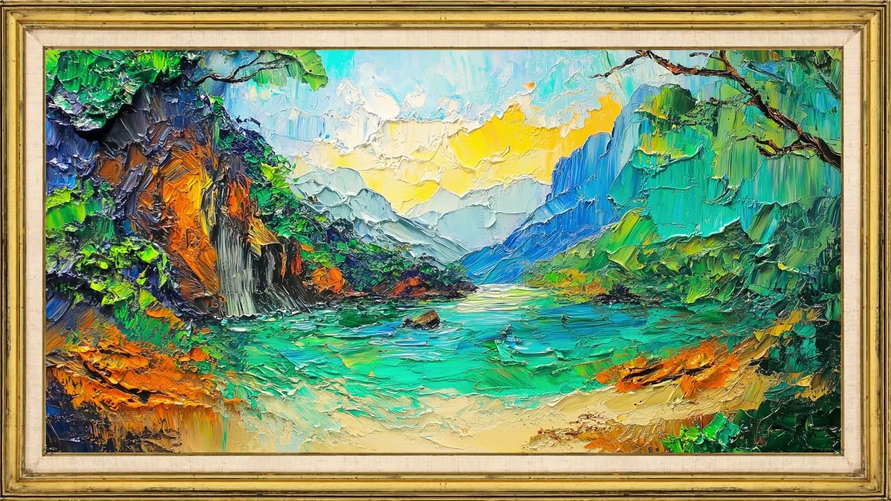 Vibrant Mountain Lake Landscape – 2 Hour Art Screensaver in TV Frame | Relaxing Nature Wall Art 4K