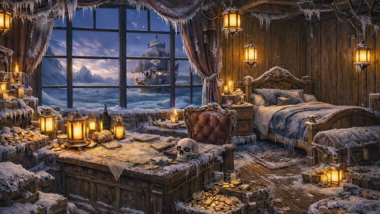 Abandoned Pirate Captain’s Cabin in Winter Storm – Relaxing Fantasy Screensaver❄️